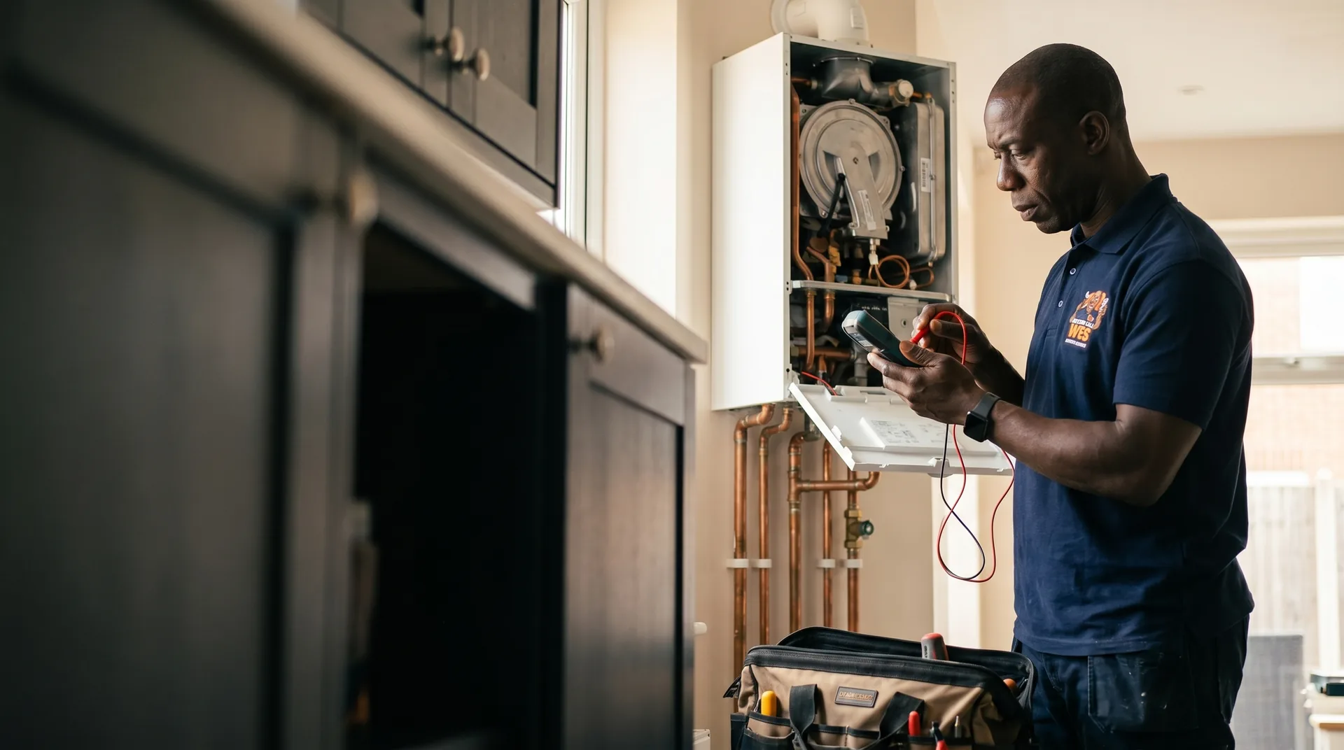 Wes diagnosing a combi boiler with a multimeter on a Southampton job