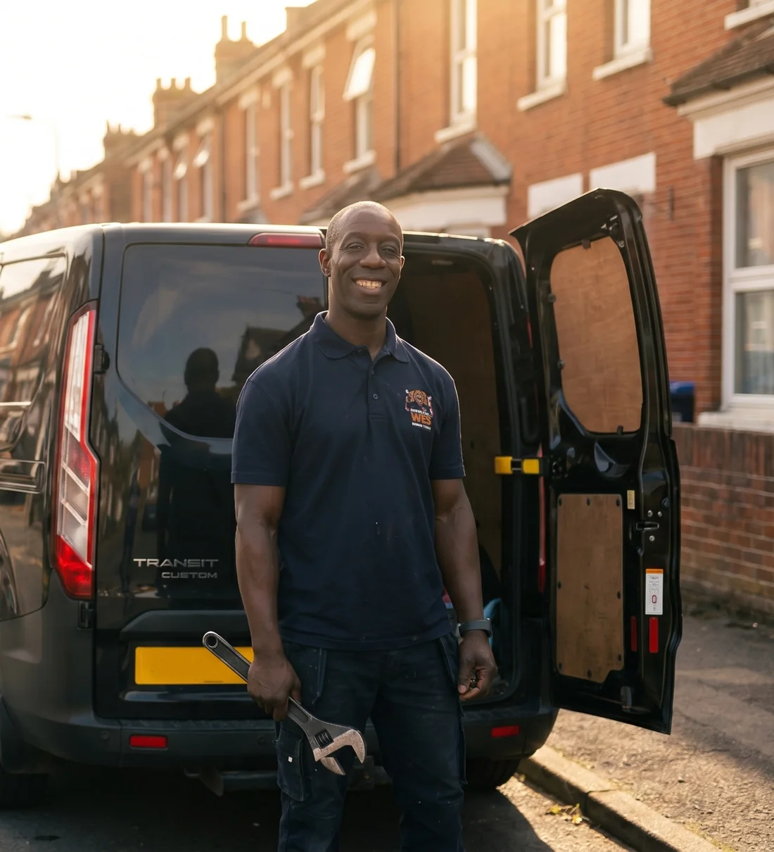 Wes beside his black Transit van on a Southampton street, ready for the next job