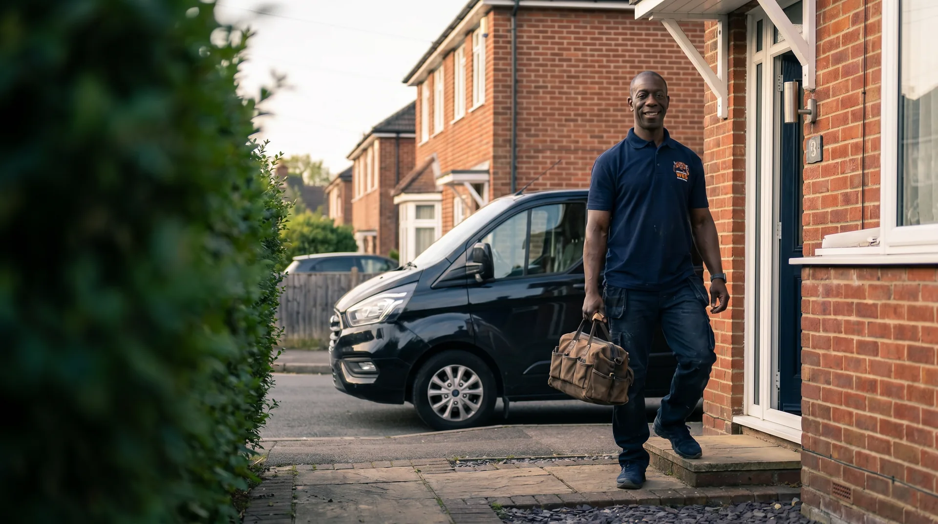 Wes arriving at a Harefield home, tool bag in hand